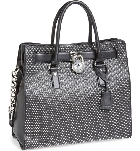 michael kors hamilton microstud leather large tote handbag in black|Michael Kors nouveau Hamilton bag.